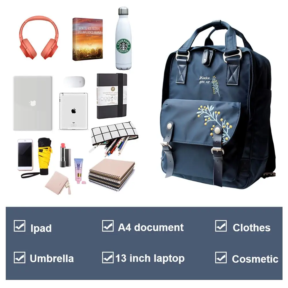 Женский рюкзак с цветочной вышивкой, 13 дюймов, нейлоновый рюкзак для ноутбука, женский рюкзак для путешествий, школьные сумки для колледжа
