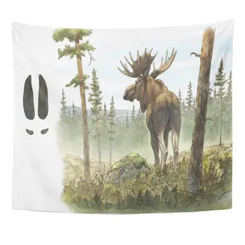 

Watercolor Painting Adult European Moose Elk Bull Tapestry in Forest Including Track Footprint Brown Alaska Home Decor