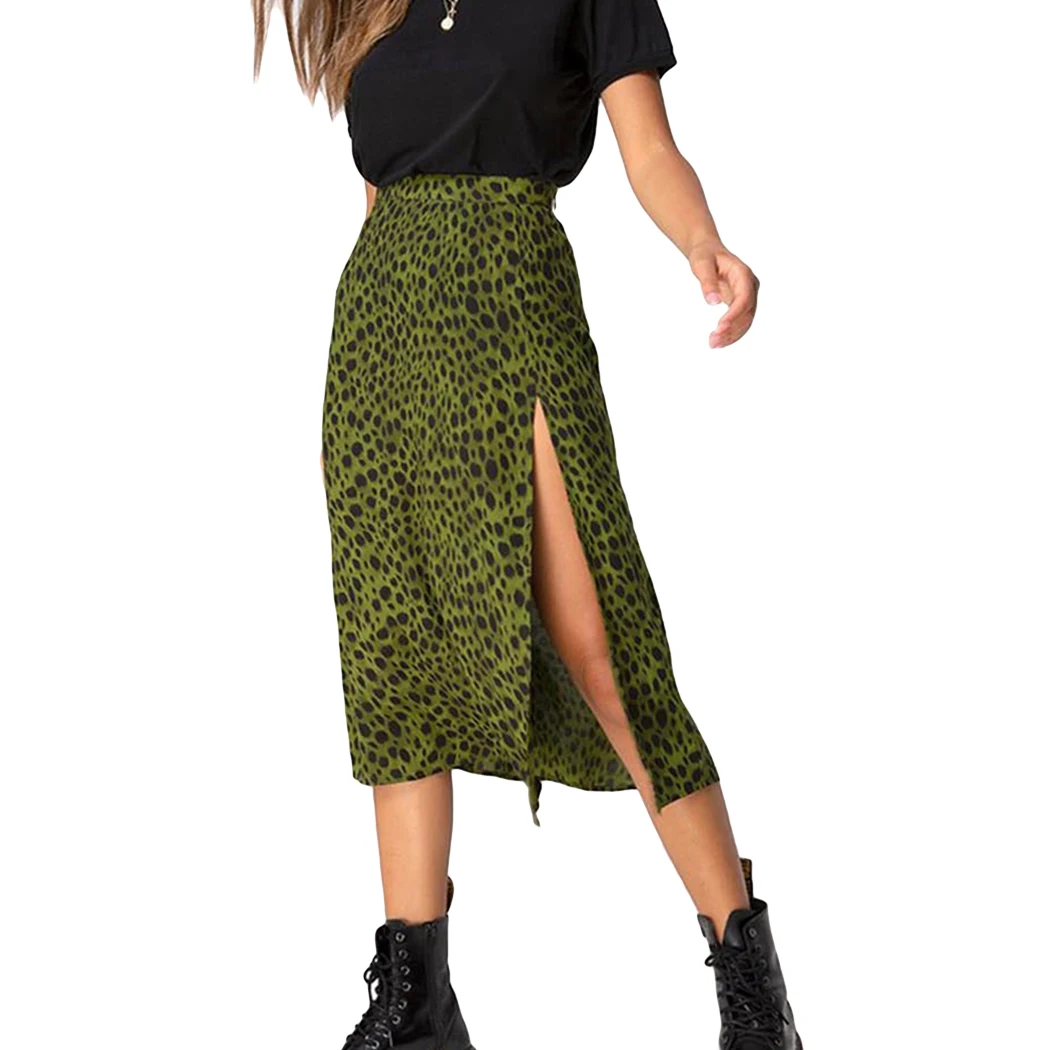 Женская длинная юбка с леопардовым принтом, сексуальные юбки средней длины с высокой талией и разрезом, уличная одежда на лето и осень, юбки для вечеринок и клубов, Облегающие юбки Jupe Femme