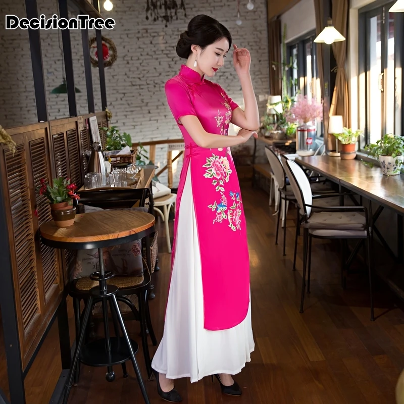 

2019 summer pink vietnam aodai chinese traditional clothing for woman qipao chinese oriental dress modern cheongsam ao dai