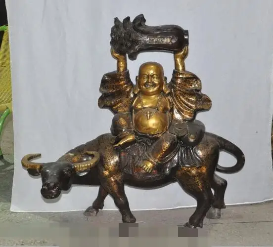 

S01883 30"Chinese Bronze Happy Laugh Maitreya Buddha Ride ox Bull cabbage wealth statue (B0328)