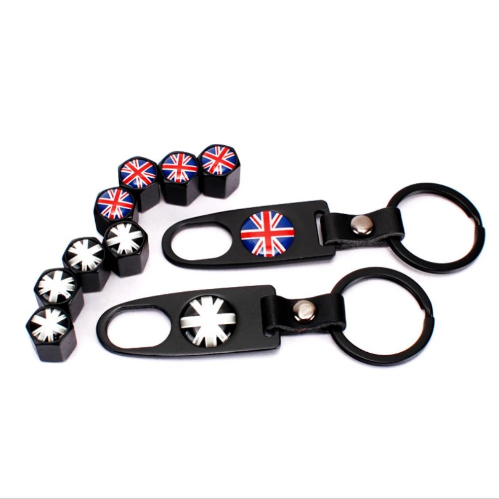 

Auto Replacement Parts 4pcs Wheel Valve Caps Covers & 1pc Keychain UK Flag Logo for MINI Cooper Coupe Cabrio MINI One Series