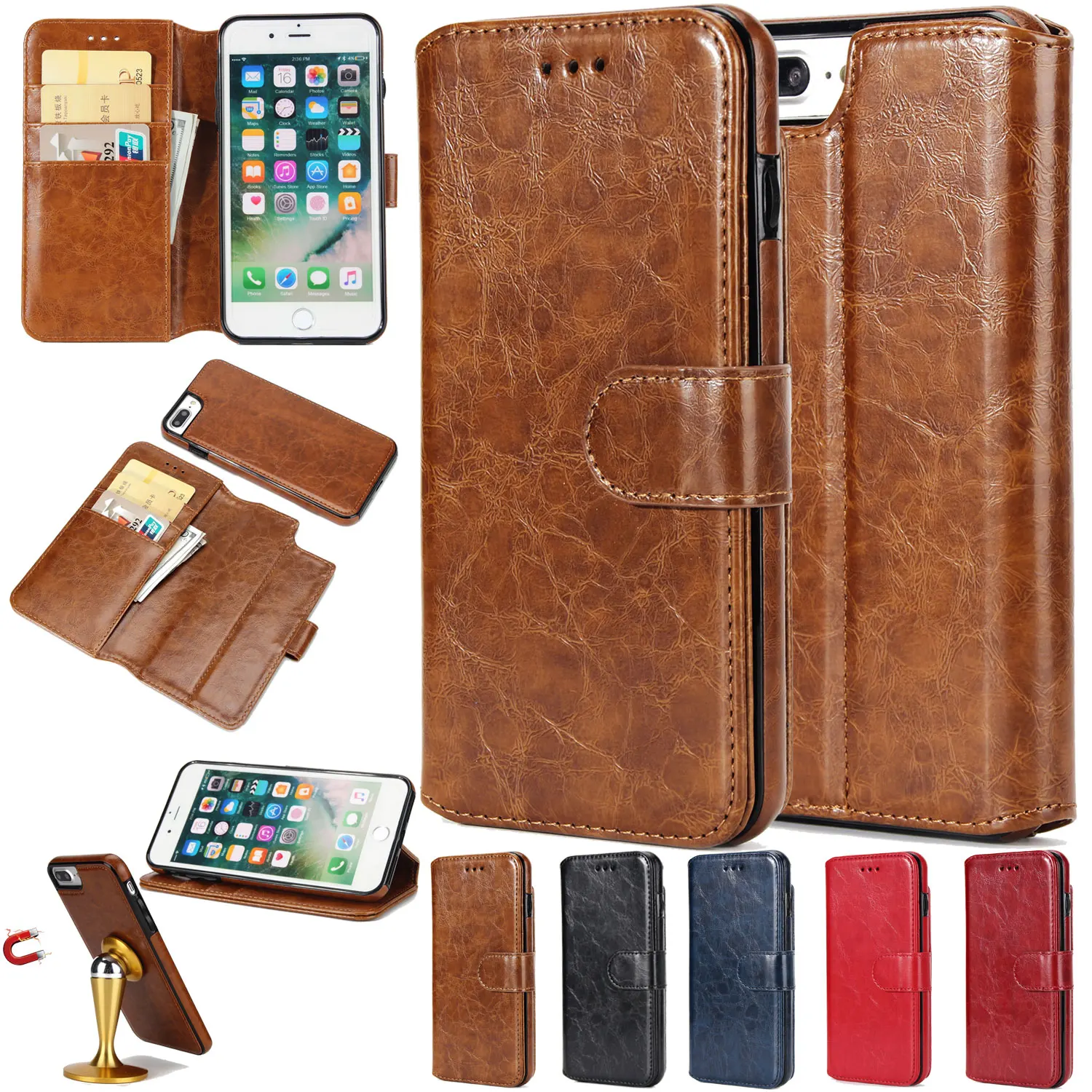 Wallet Flip Card Stand Detachable Dual Use Cover for Iphone X 8 7 6 6S Plus 5 5S SE Samsung S9 S8 Soft Flexibility Leather Case |