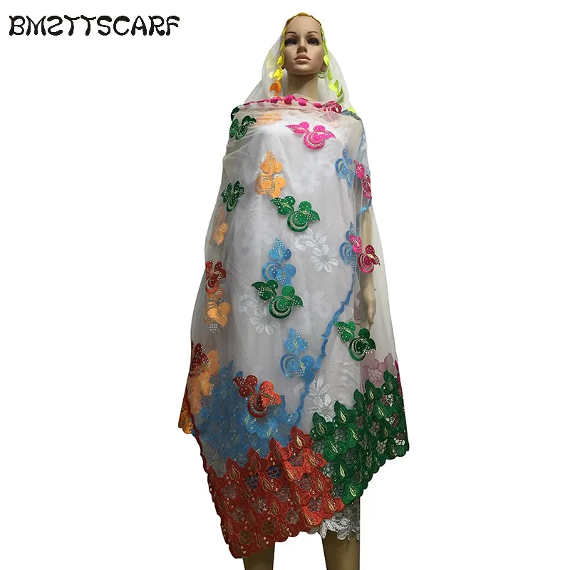 

African Scarfs Net with cotton embroidery Muslim hijab scarf Muslim head scarf with rhinestones for women scarves BM521