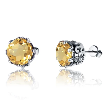 

SzjinAo 2018 Luxury Citrine gem Ear Stud Earrings For Women Round Charm set Flower Stud Earrings Women 925 Silver Jewelry Gift