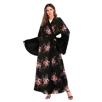 

Spring Autumn Floral Print Trench Women Loose Flare Sleeve Open Stitch Kimono Long Coats With Sashes V-neck Windbreaker TP1673