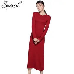 Sparsil Для женщин осень вязаный шерстяной Платья-свитеры с круглым вырезом до середины икры длинное платье эластичные прямые женские Vestido