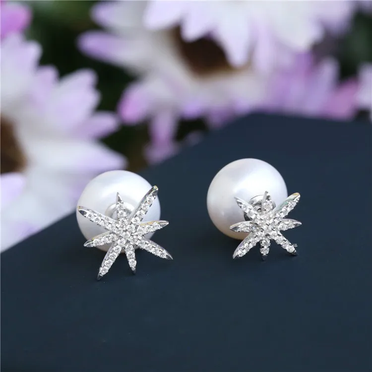 Mono silver stud earring with pearl Micropave with zirconia stones star