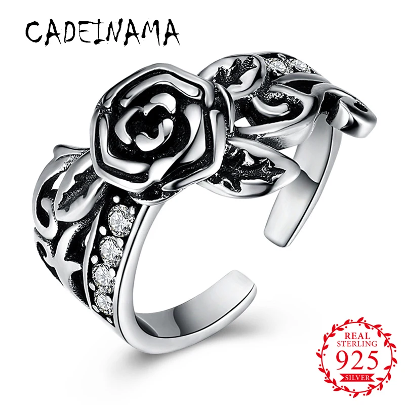 

CADEINAMA Fashion Flower Women Solid 925 Sterling Silver Ring Girls Resizable Ring Fine Jewelry Zircon Vintage Office Best Gift
