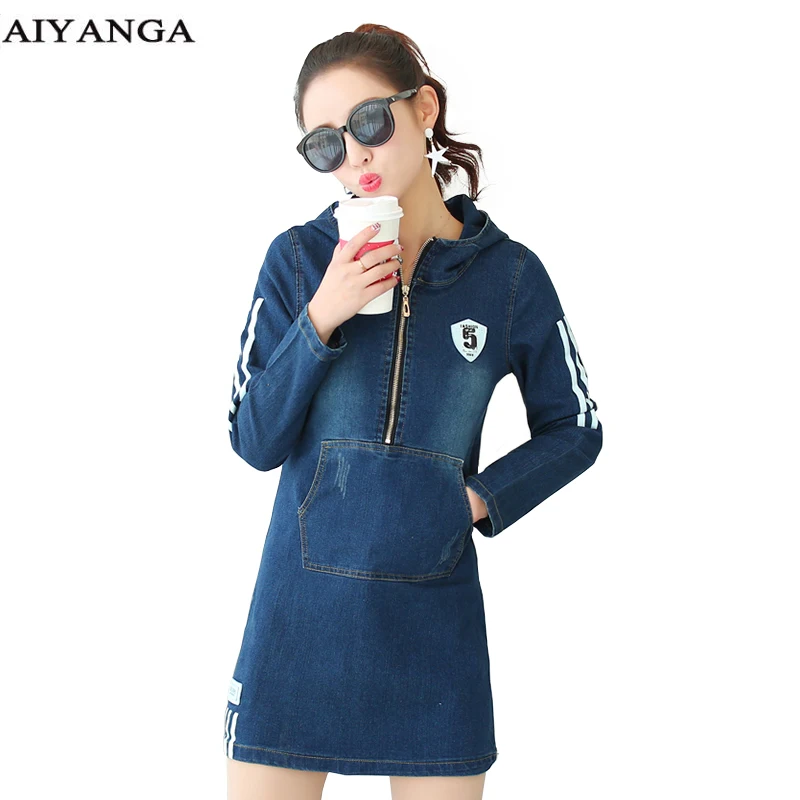

Denim Dress For Women 2018 Spring Summer Autumn Hooded Long Sleeve Letter Slim Elasticity Casual Pockets Jeans Dresses M-XXL