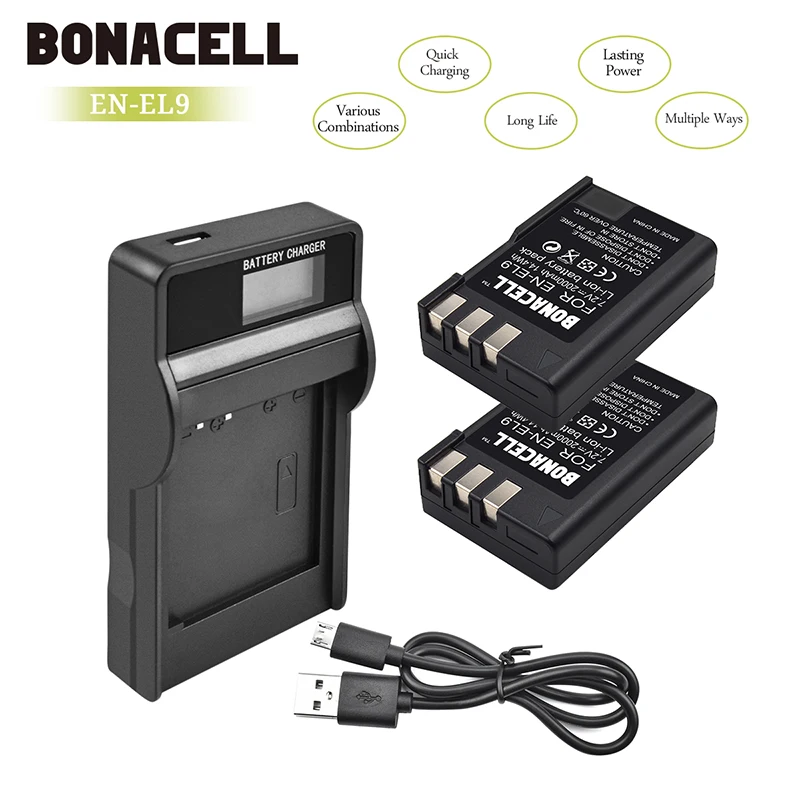 Bonacell 2 шт EN-EL9 EN EL9 2.0Ah литий-ионная камера батарея ЖК-зарядное устройство для Nikon D5000 D3000 D60 D40x D40 цифровая зеркальная камера