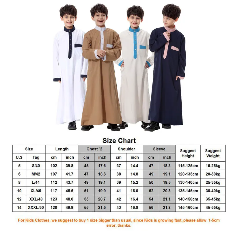 4-15Years детская Jubah мусульманский абайя, арабское халаты для мальчиков 4 цвета с длинным рукавом мусульманские кафтан халат Повседневное блузки рубашки Костюмы