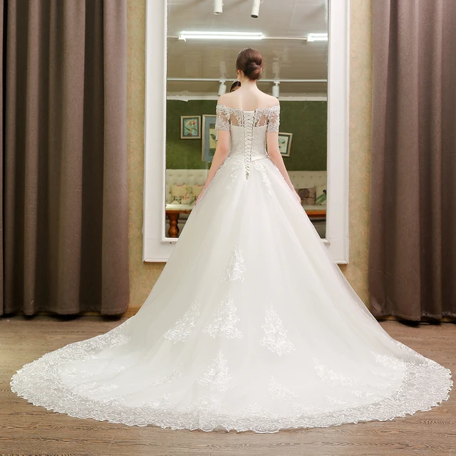 SL-5T Boat Neck Wedding Gowns Short Sleeve Muslin Boho Luxury Lace Embroidery Wedding Dress 2019 6