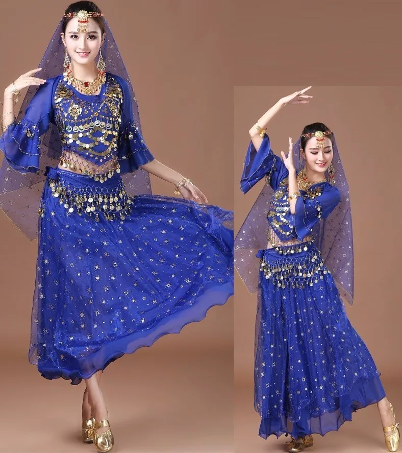 Женский индийский болливуд взрослый костюм набор танцевальные костюмы Донна одежда платья Танец живота наряд сари Профессиональный Длинный красный - Цвет: Blue 2PCS