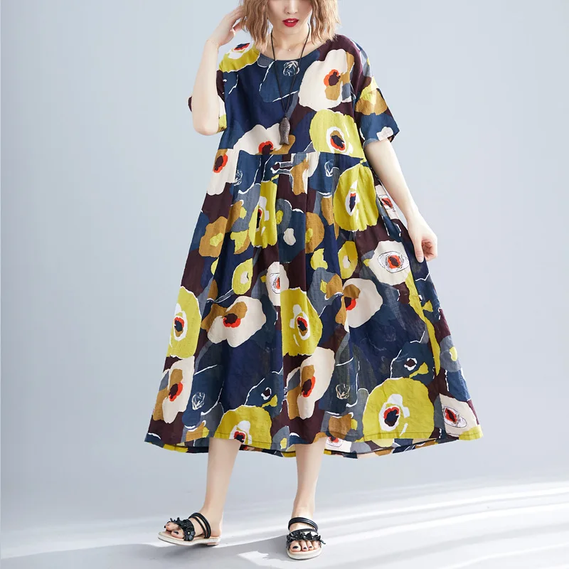 

Johnature Mid-calf Regular Summer Dress Casual Loose Comfortable O-neck Natural Print Short Pockets Cotton Women Dress