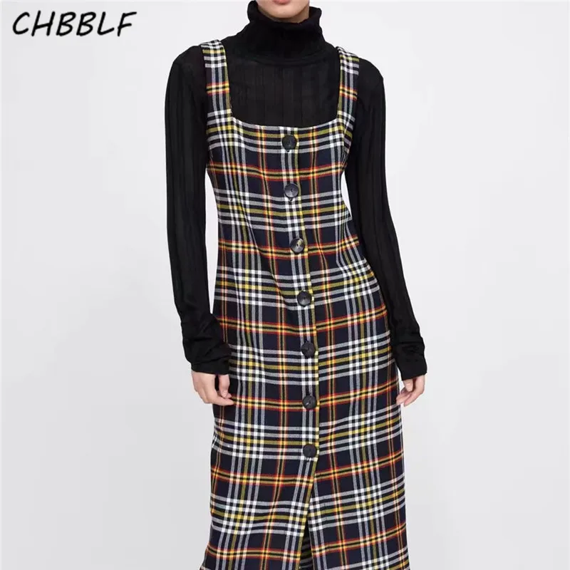 

CHBBLF women plaid sleeveless midi dress backless straps female casual vintage mid calf chic dresses CDC8919