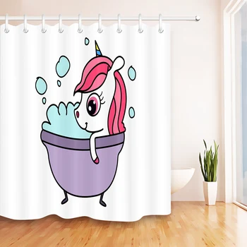 

LB Cute Unicorn Bathing in the Purple Bathtub White Shower Curtains Bathroom Curtain Extra Long Waterproof Fabric For Kids Decor
