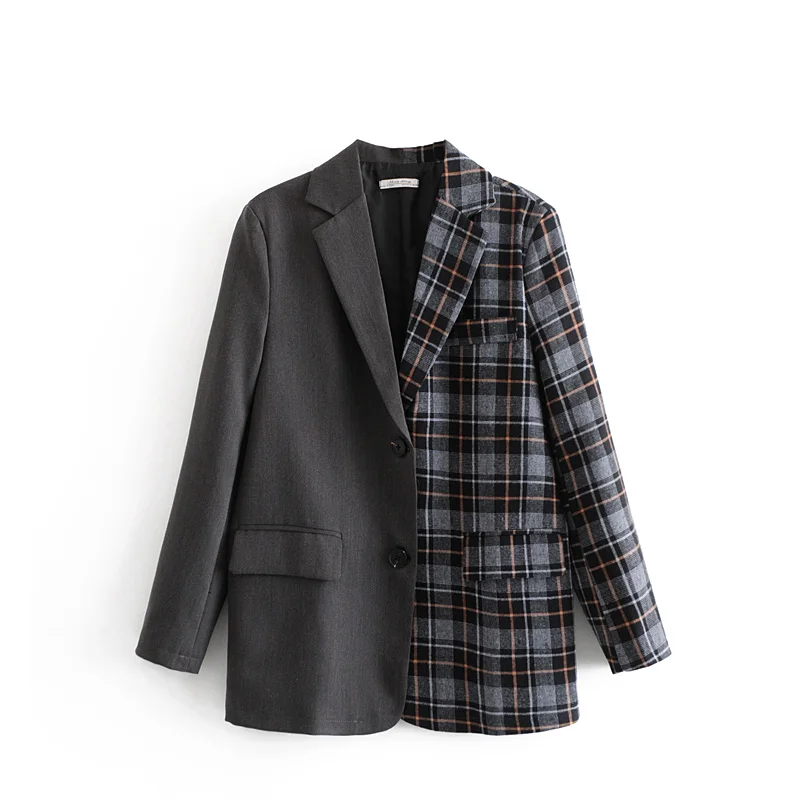

Spring 2019 casual splice womens clothing plaid blazer women long sleeve coat women loose blazer feminino