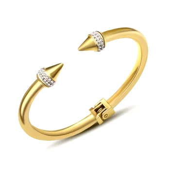 

Hot Sale Double Cone With Rhinestone CZ Gold Color Stainless Steel Bangle
