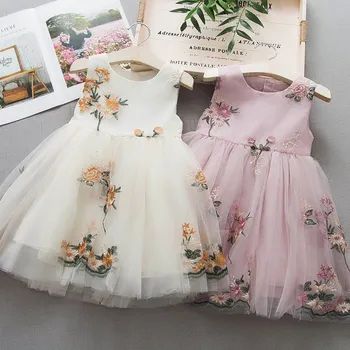 

Girls Dress 2019 Brand Princess Dress Sleeveless Appliques Floral Design for Girls Clothes Party Dress