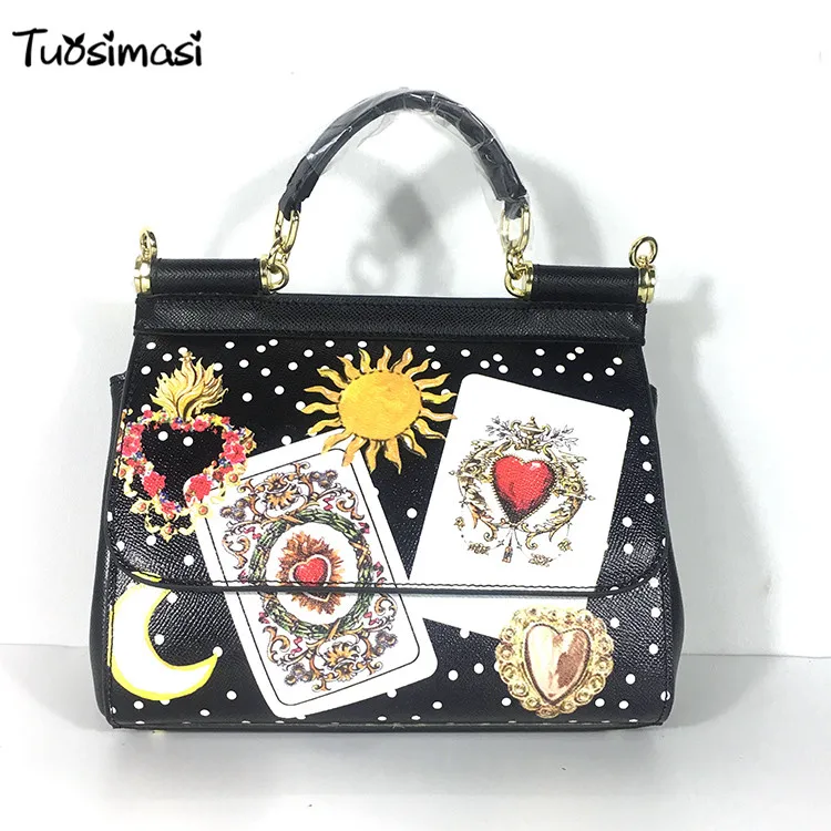 

2018 luxury runways party poker vintage retro Sicily print totes crossbody black Handbags (HB011)