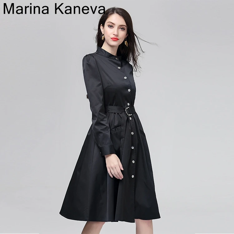 

Women black knee length t shirt dress long sleeve plus size with belt dress polyester slim sashes summer ladies office dresses