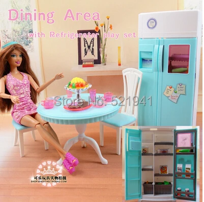

Free Shipping Girl birthday gift plastic Play Set  refrigerator + kitchen table doll accessories doll furniture for barbie doll