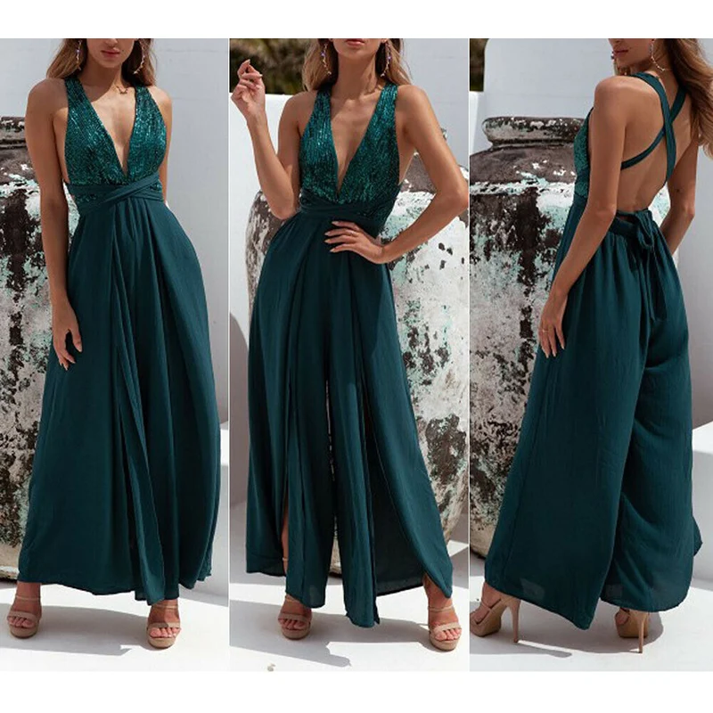 

Women Jumpsuit Ladies Summer Split Casual Fashion Bodysuit Party Deep v-neck