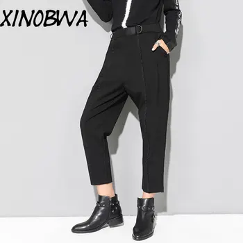 

Europe New Women Spring Autumn High Street Fashion Patchwork Ankle Length Pants Female Casual Slashes Belt Long Trousers Baddie