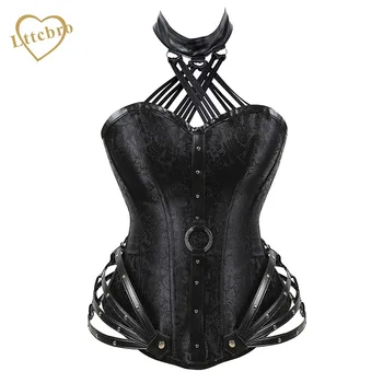 

Womens Halloween Corsets Steampunk Goth Halter Faux Leather Brocade Steel Boned Bustier Waist Cincher Corset Top
