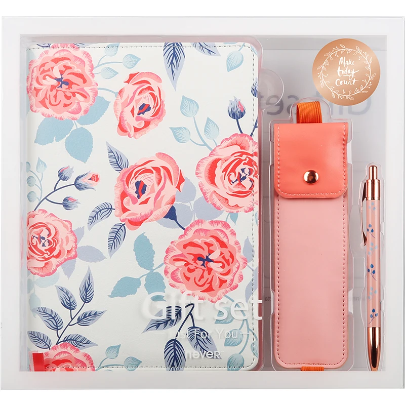 Никогда не корейский цветочный А5 персональный ноутбук дневник розовый Карандаш сумка металлическая ручка канцелярские принадлежности Подарочный набор планировщик - Цвет: Pink notebook set