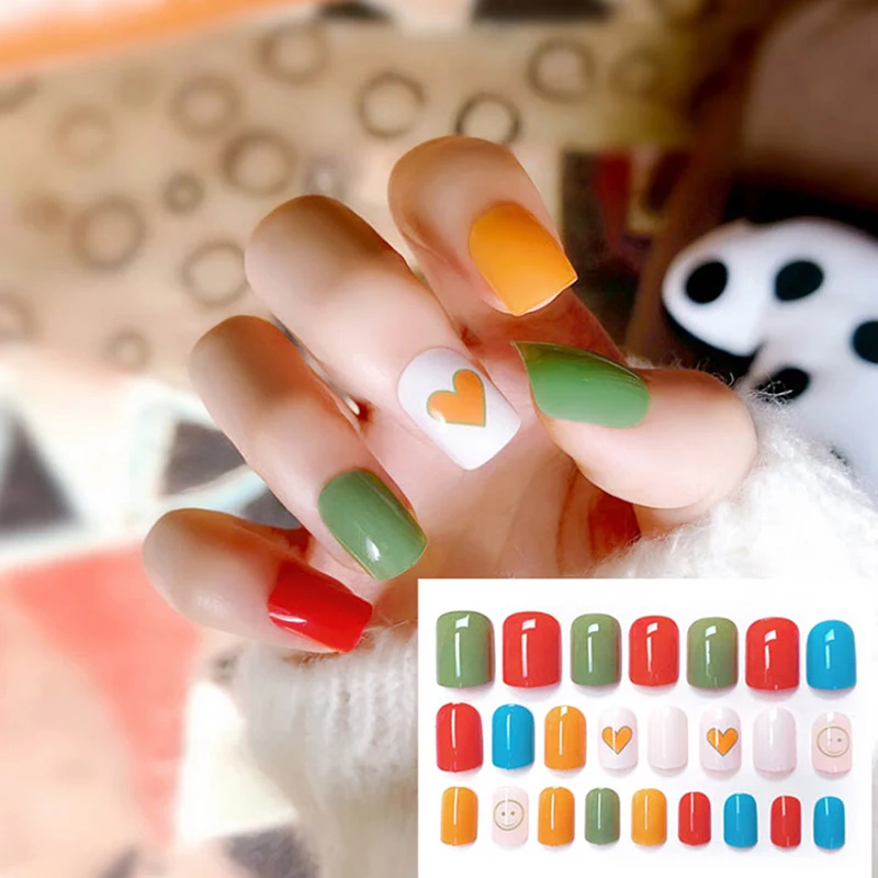 

24pcs Colorful False Nails Tips Acrylic Heart Fake Nail Art Stickers Home DIY Nail Art Tool With 2g Glue New