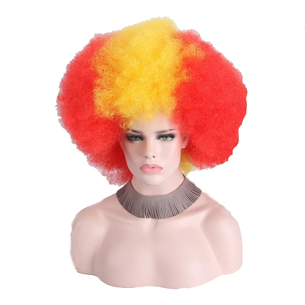 Афро Клоун парик Большой красочный Короткие вечерние парики Для женщин Для мужчин вьющиеся Футбол поклонников красный желтый Косплэй