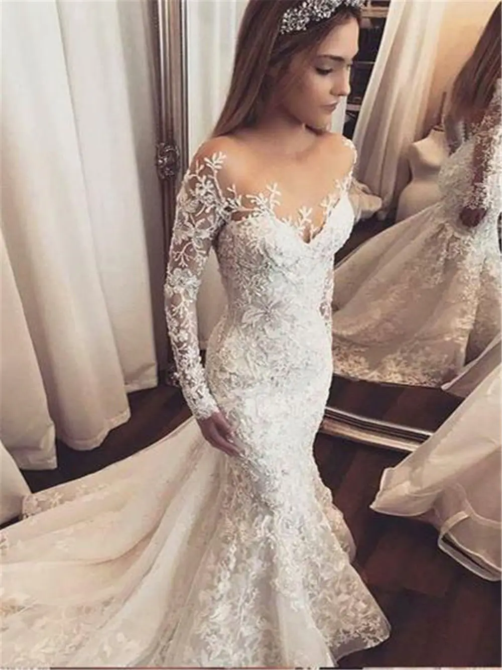 Custom Size Sexy Mermaid Vintage Wedding Dresses Long Sleeve Tulle