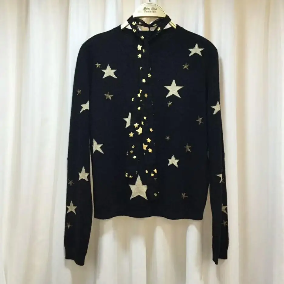 2019 fashion brand cashemere wool stars pattern printed sweater short style knit blouse long sleeve tops wj1839 | Женская одежда