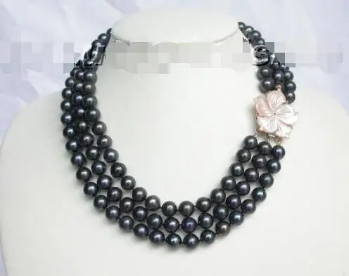 

10x10 Jewelry free shipping Genuine 10mm 3row round black pearl necklace seashell