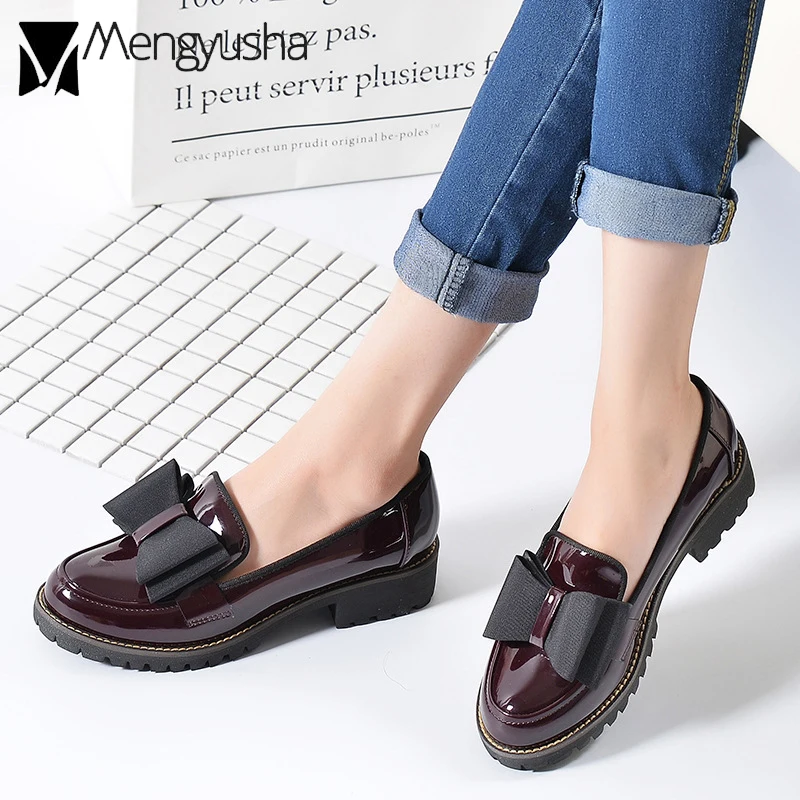 british style patent leather oxfords shoes women/student pearl bow knot