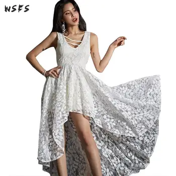 

Summer Lace Dresses White Vneck Sleeveless Asymmetrical Women Dress 2019 Long Club Vintage Slim Sexy Party Elegant Dress Colthes