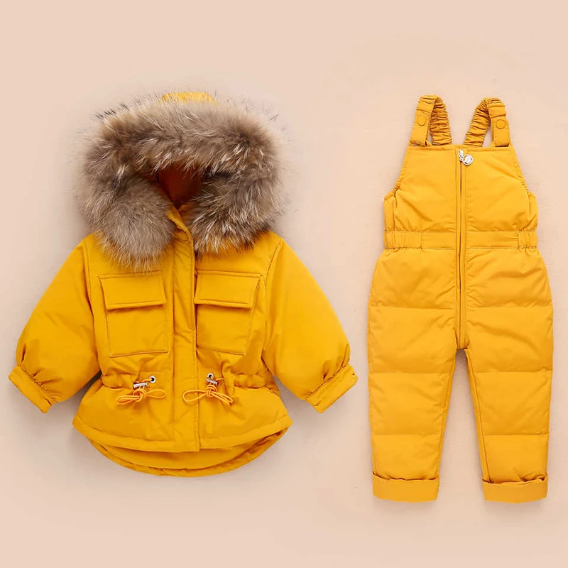 Комплекты детской одежды для русской зимы комбинезон, зимняя куртка+ комбинезон, комплект из 2 предметов, пуховое пальто для маленьких мальчиков и девочек, куртка с меховым капюшоном - Цвет: Цвет: желтый