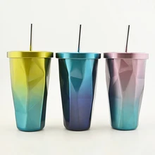 2017 neueste Sommer thermos eis kaffee saft vakuum stroh glas tasse becher edelstahl kreative gradienten Design Trinken Flasche
