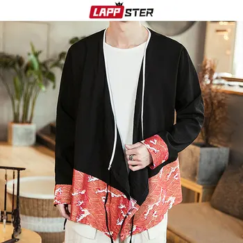 

LAPPSTER Men Cotton Linen Streetwear Kimono 2020 Mens Patchwork Harajuku Loose Shirts Male Summer Chinese Thin Kimono Cardigan