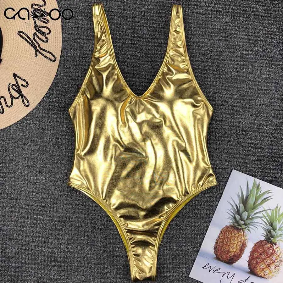 Günstige NEW Shiny Gold Silber Ein Stück Badeanzug Frauen Bademode Weibliche Badende V Neck Badeanzug Schwimmen Tragen Monokini