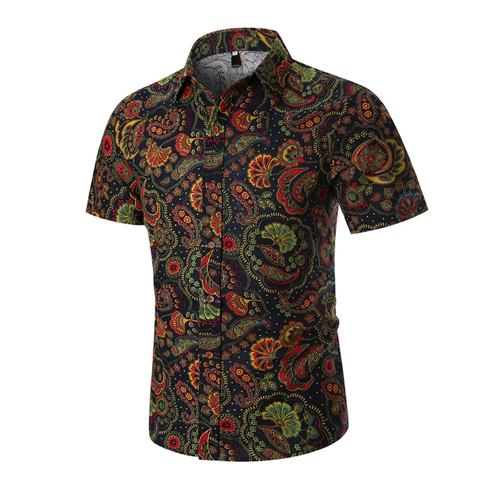 

Ethnic Style Paisley Print Man Shirt Short Sleeve India Floral Blusa Male Tops Turn-down Collar Party Casual Clothes Summer 2019