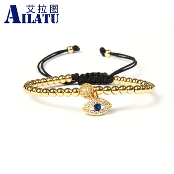 

Ailatu Jewelry Blue Cz Turkish Lucky Eye Braided Bracelet with 4mm Copper Beads 10pcs/lot