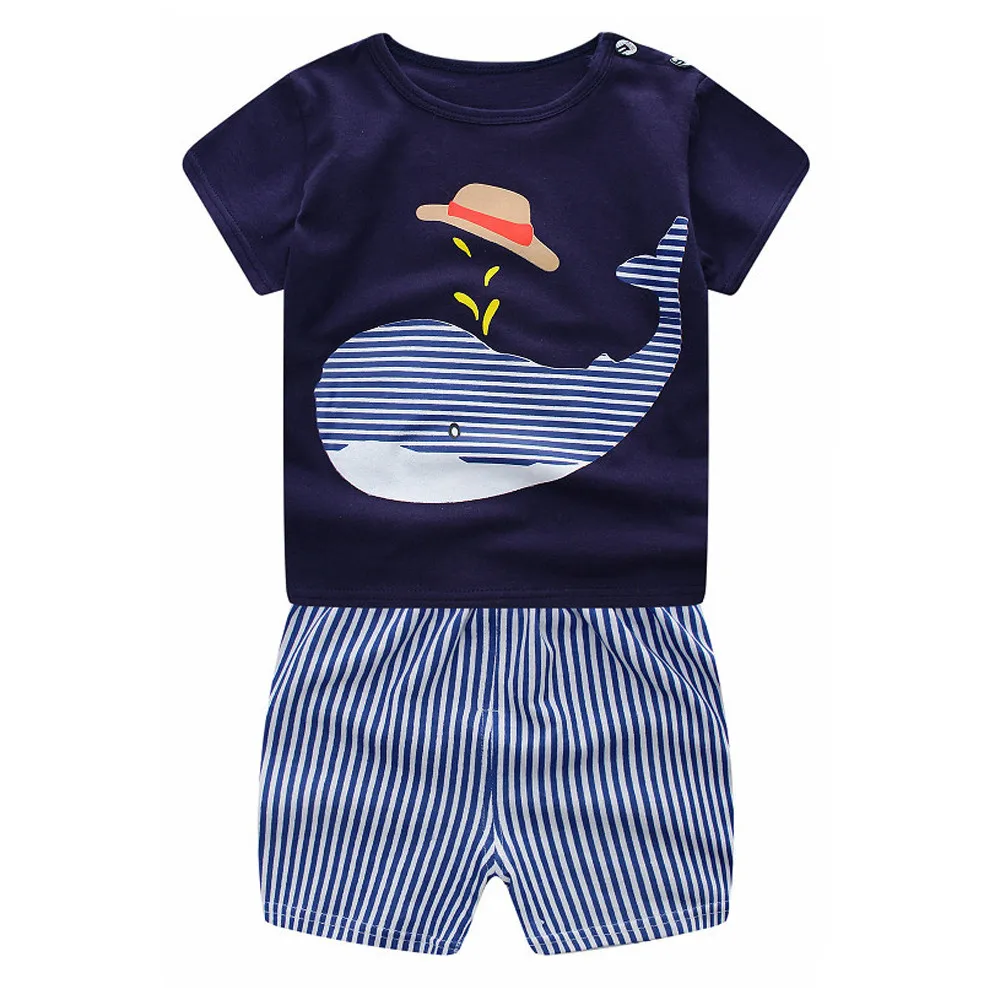 Топ с принтом Кита, шорты в полоску милые модные топы для новорожденных мальчиков и девочек с рисунком Кита, рубашка+ штаны, комплект одежды F4