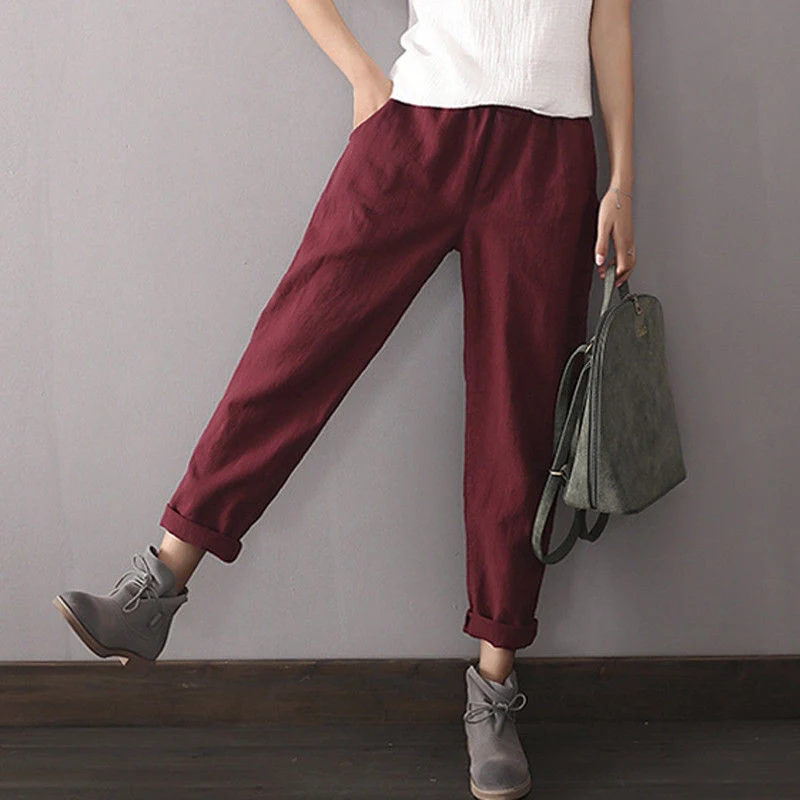 Oversized Women Cotton Linen Loose Fit Pants Casual Baggy Harem Hakama ...