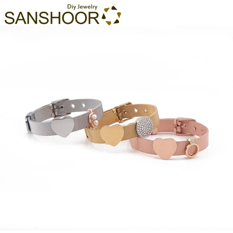 

SANSHOOR 3 Designs Heart Keeper Bracelet Set With Stainless Steel Mesh Armband Wristband and Wedding Love Vintage Slide Charms