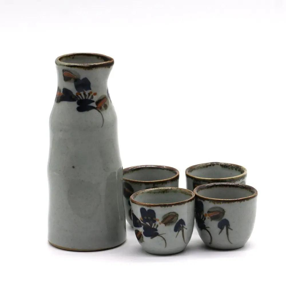 

5pcs simple Handmade Stone Flower Pottery Japanese Sake Set Sake Wine Pot Sake Wine Cup Gift