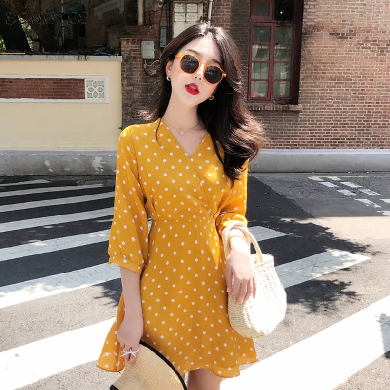 

Dress Women Summer Dot All-match V-Neck Korean Style Leisure Chiffon Womens Soft Breathable Loose 2019 Clothing Ladies A-Line