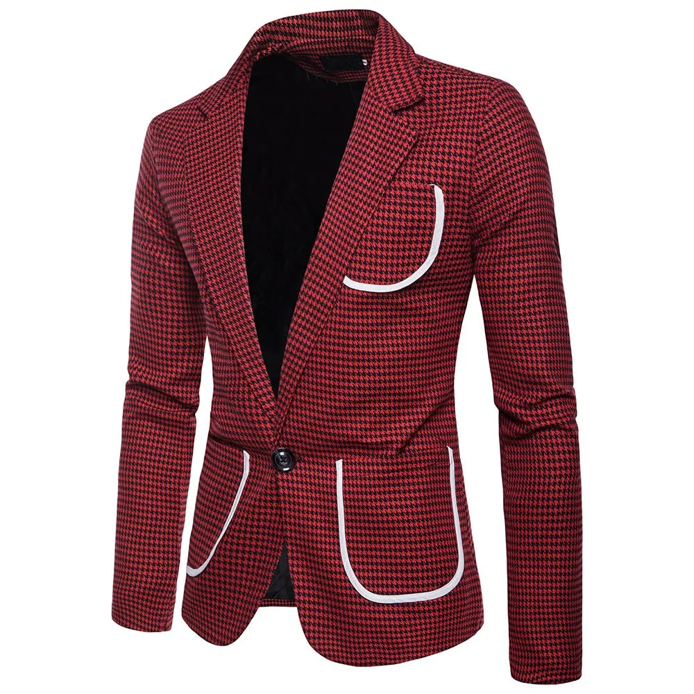 Страусиная ломанная лапка Мужской Блейзер на одной пуговице пиджак полный рукав хлопок отложной воротник подходит костюм блейзер высокое качество - Цвет: Red